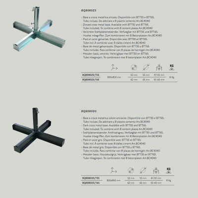 base a croce metallica adatta per zavorre da 40 x 40 prevista per l'ombrellone Palladio Telescopic