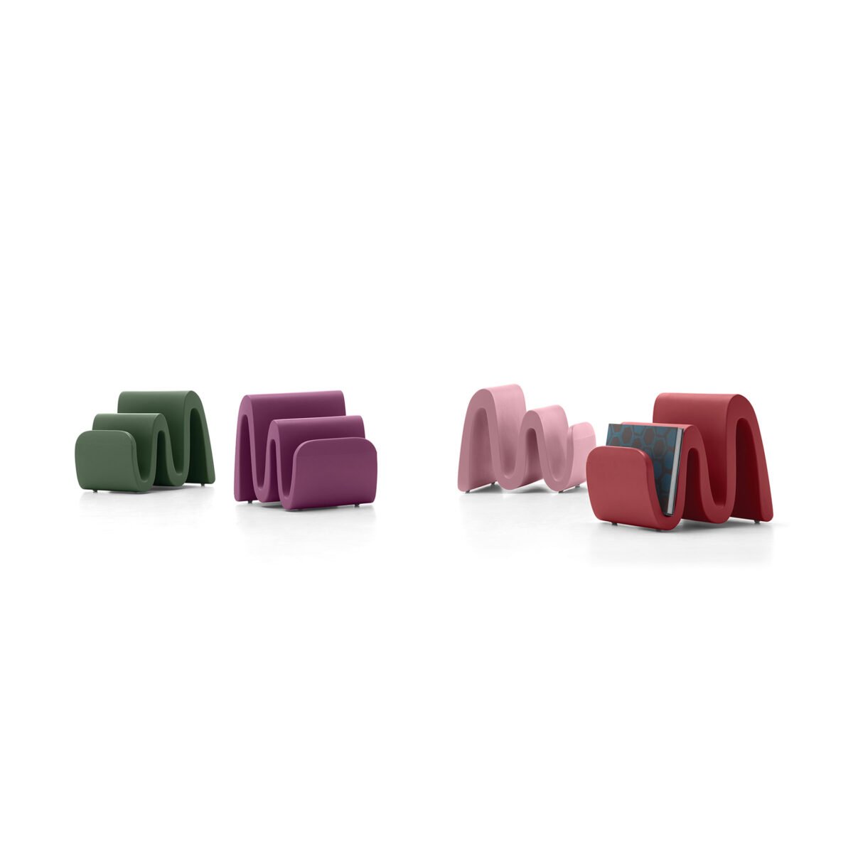porta riviste Wave colori su richiesta smeraldo (SMD), ametista (AMT), quarzo (QRZ) e corallo (CRL)