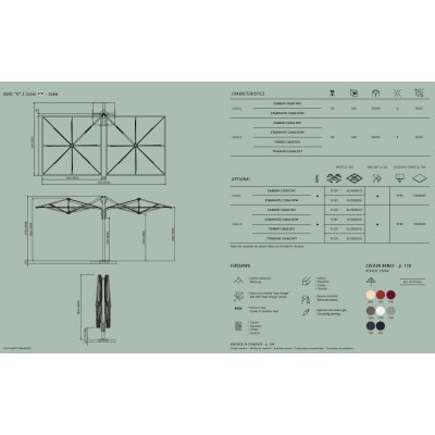 dimensioni, finiture, accessori e tessuti previsti per l'ombrellone Dual