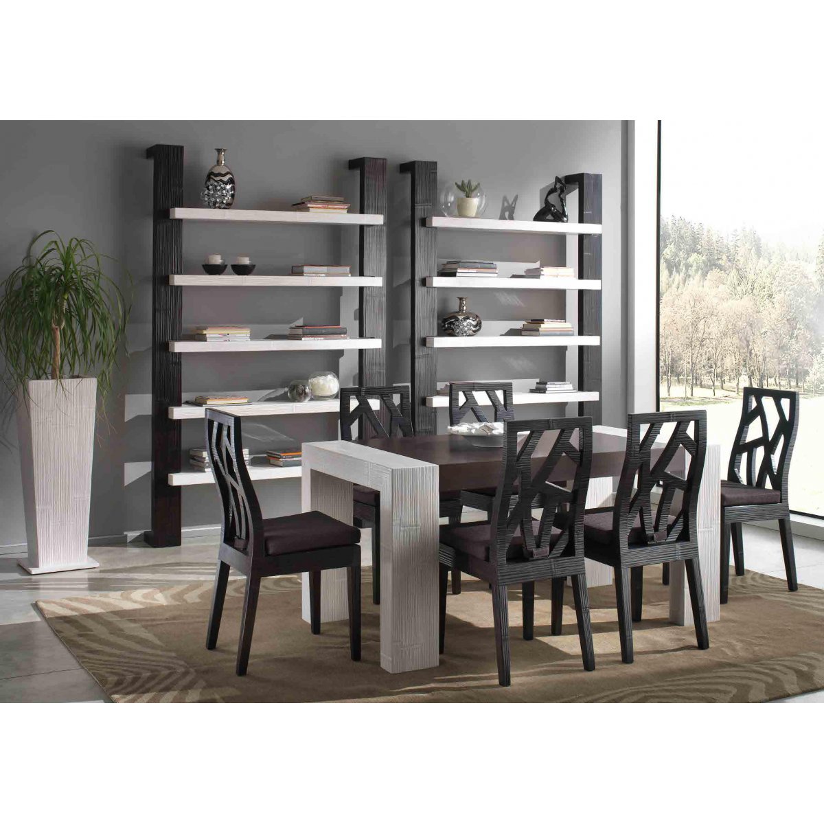 tavolo Stone allungabile, sedia light, moduli motanti laterali Light. mensole Essential