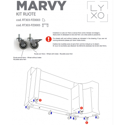 kit ruote per bancone Marvy elemento lineare e ad angolo - schema di assemblaggio